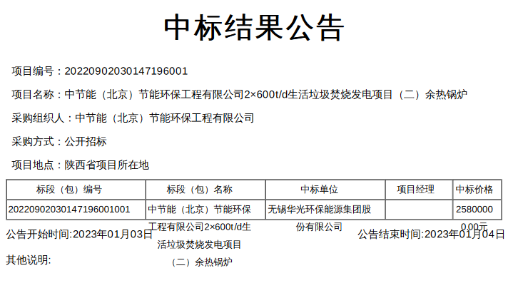 九游会J9 J9九游会无锡华光环能中标中节能2×600td生活垃圾焚烧发电项目余热锅炉